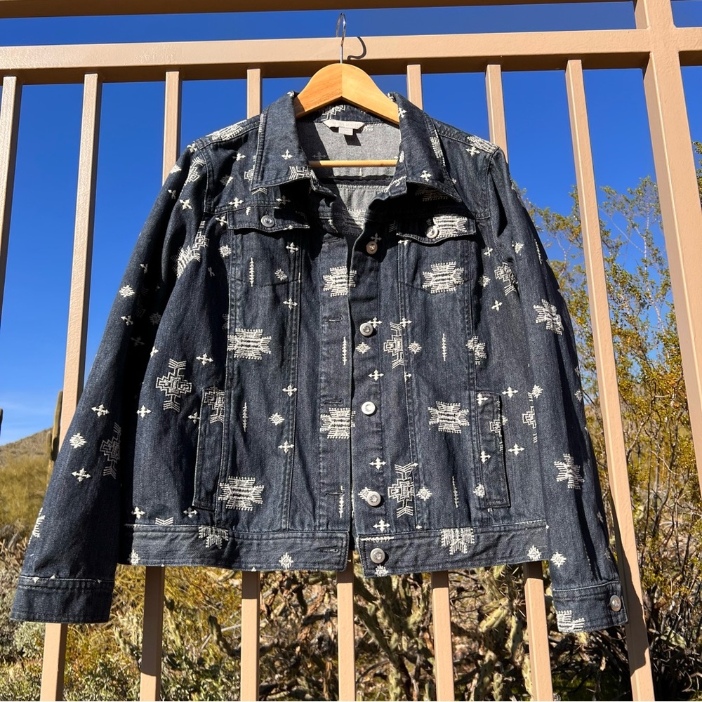 ⬇️💲Laura Ashley Womens Denim Jacket Embroidery Design 1X  Blue Denim W/White